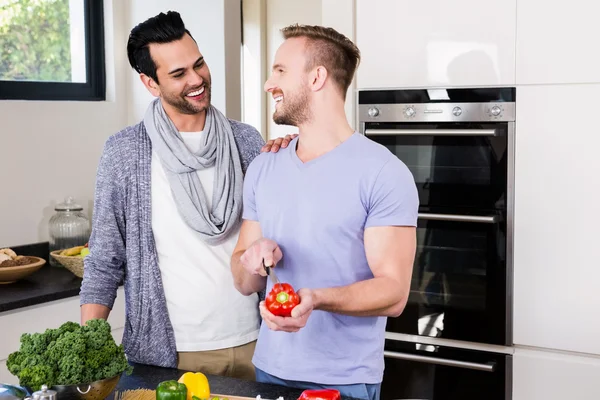 Smiling gay couple preparing food — Stock Photo, Image