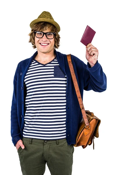 Sorrindo hipster segurando carteira de couro — Fotografia de Stock