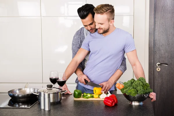 음식을 준비 하는 웃는 게이 커플 — 스톡 사진