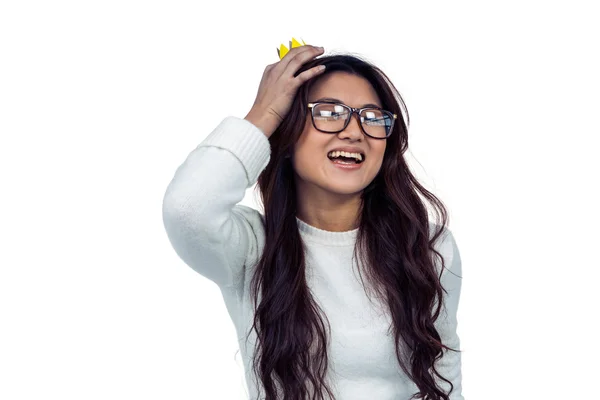 Asian woman with paper crown posing — Stock Photo, Image