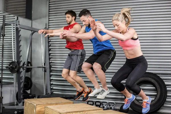 Fit people doing exercises with box — Stock Photo, Image