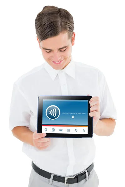 Geeky businessman showing tablet pc — Stock Photo, Image