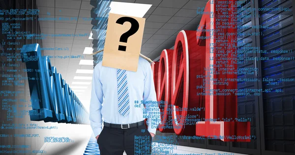 Anonieme zakenman tegen binaire code — Stockfoto