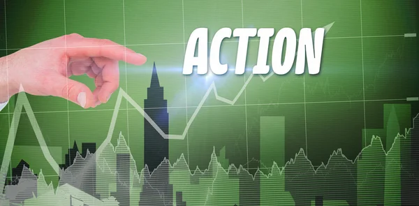 Ordet action och affärskvinna röra skärmen — Stockfoto