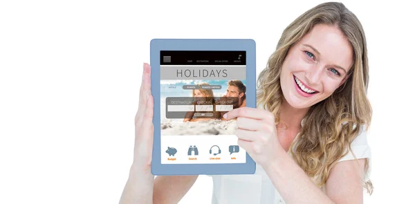 Mulher mostrando tablet pc — Fotografia de Stock