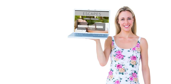 Blonde holding laptop — Stock Photo, Image