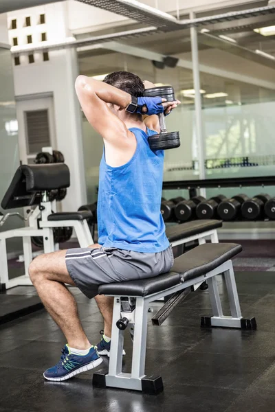 Muscular man lifting dumbbell while sitting on bench — Stock Photo, Image