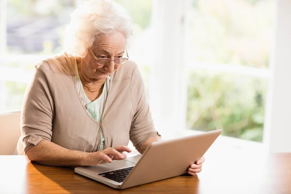 Focada mulher idosa usando laptop — Fotografia de Stock