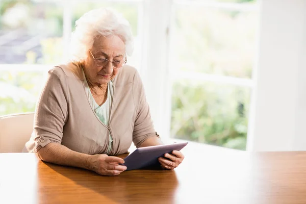 Fokuserad senior kvinna använder tablet — Stockfoto