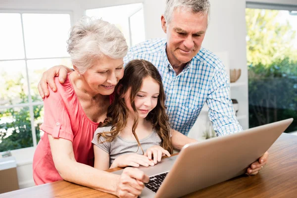 Grandparents and granddaughter using laptop — Stock Photo, Image