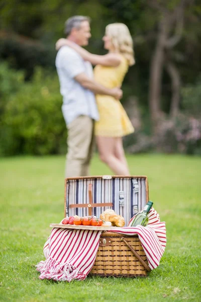 Lyckliga par kramas bredvid picknickkorg — Stockfoto