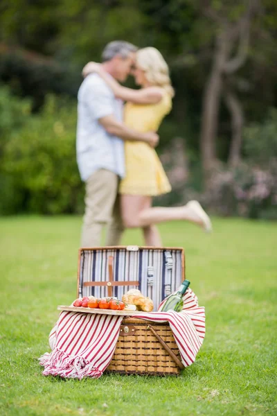 Pareja feliz abrazándose al lado de la cesta de picnic — Foto de Stock