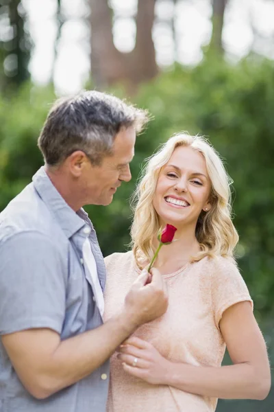 Het aanbieden van een roos tot vrouw man — Stockfoto