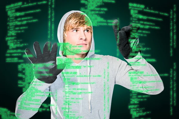 Man with black gloves hitting glass — Stock Photo, Image