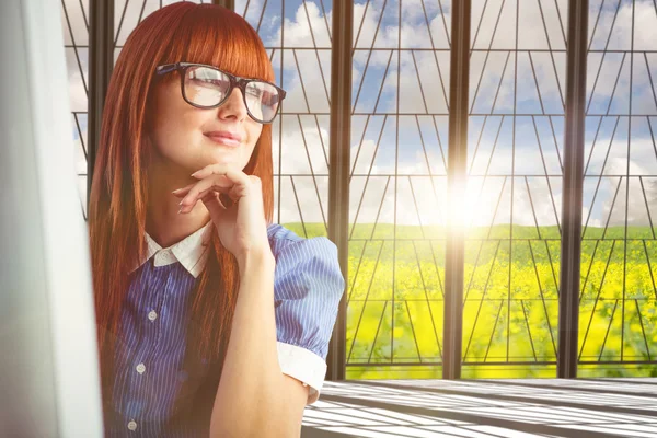 Smiling hipster woman thinking — Stock Photo, Image