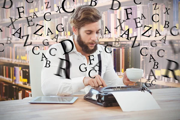 Hipster holding coffee working — Stock Photo, Image