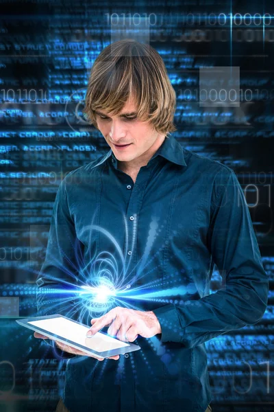 Hipster businessman using tablet — Stock Photo, Image