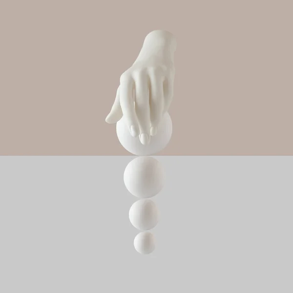 Creative Arrangement Artificcial Hand White Balls Pastel Beige White Background — Stock Photo, Image