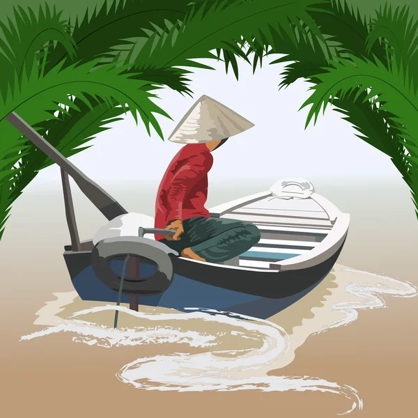 Asiatique homme sur bateau — Image vectorielle