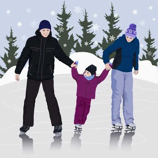 Famille sur une patinoire — Image vectorielle