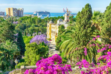 Malaga City HallCasa 'nın panoramik manzarası Malaga' nın manzarası, çiçekli park, yolcu gemileri ve deniz arka planda, Malaga, İspanya - 23 Mayıs - 2025
