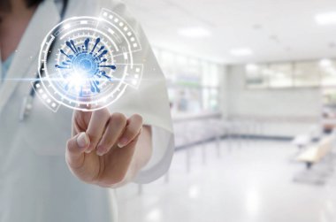 Tıbbi yardım. Kadın doktor el işareti dijital ikon hologram laboratuvar laboratuarında hastane geçmişi, virüs salgını, ağ, koronavirüs, covid-19 teknolojisi, yenilik, gelecek konsept