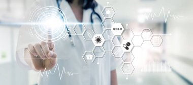 Kadın doktor el işareti dijital hologram laboratuvar laboratuarında hastane geçmişi, virüs salgını, ağ, koronavirüs, covid-19 teknolojisi, yenilik, tıbbi, gelecek konsept