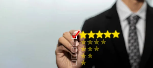 Business Man Investor Hand Checking Mark Star Rating Checklist Box — Stockfoto