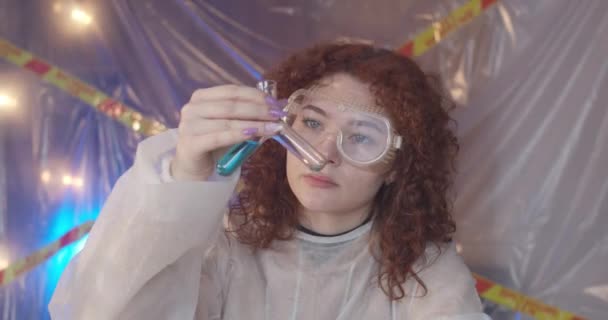 Girl Scientist Conducts Experiment Examines Something Microscope Records Results — Stock Video