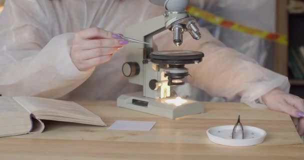 Mobile Laboratory Girl Scientist Tweezers Puts Sample Glass Slide Observes — Stock Video