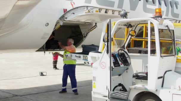 Empleado del aeropuerto descarga equipaje de un avión en el aeropuerto internacional del Delta del Danubio — Vídeos de Stock