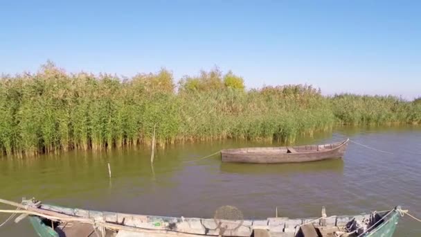 Fishing port in the Danube Delta,aerial — Stock Video