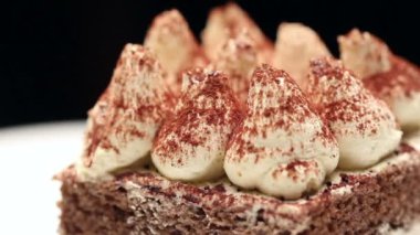 Bir tiramisu pasta beyaz tabakta yakın döndürme