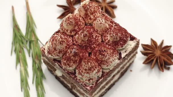 Közelről egy tiramisu torta fehér tányérra, forgatható — Stock videók