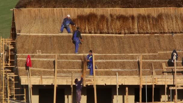 Construcción de una casa de pesca con techo tradicional de paja — Vídeos de Stock