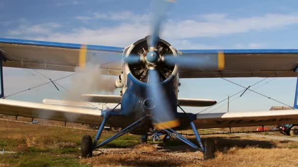 Old russian biplane with engine running — Stock Video