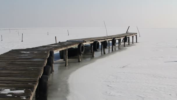 Док и замерзшее озеро в дельте реки Данубе — стоковое видео
