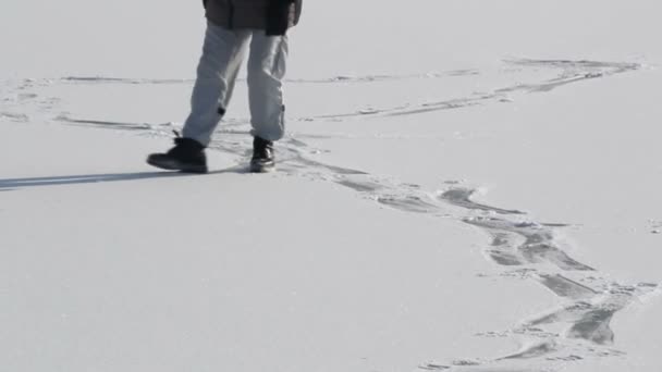 Caminando pies en un lago congelado — Vídeo de stock