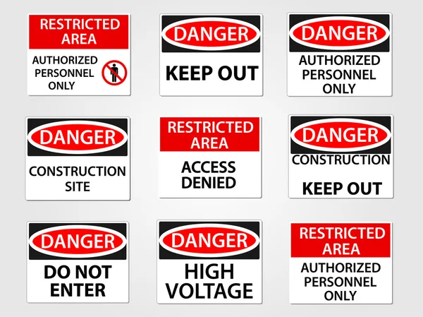 Panneaux de danger et de zone réglementée sur le lieu de travail — Image vectorielle