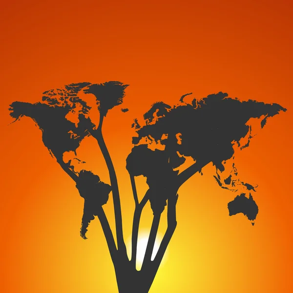 Wereld kaart boom bij zonsondergang — Stockvector