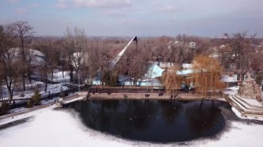 Bir ördek sürüsü Park 'taki dondurucu bir gölette dinleniyor.