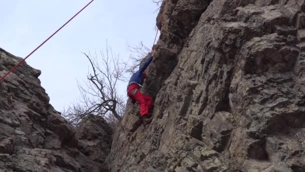 Kaya tırmanışı eğitimi ve ortak sigortası. — Stok video