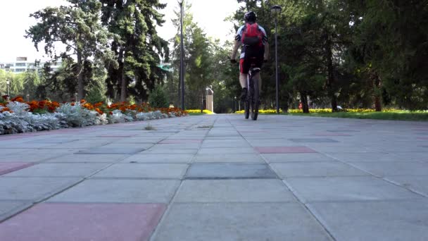 자전거를 타고 도시를 여행하는 사람. — 비디오