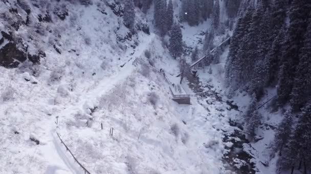 Группа людей спускается по железной лестнице в горах — стоковое видео