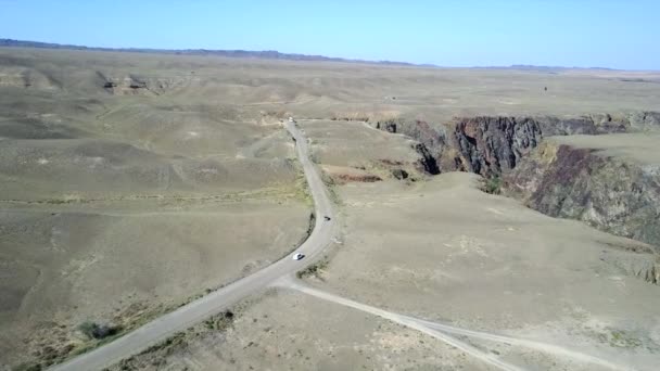 Plusieurs voitures roulent sur la route vers les steppes. — Video