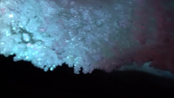 En una cueva de hielo con iluminación de colores de linternas — Vídeo de stock
