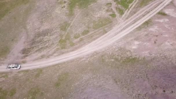 Der Kleinbus fährt über die grüne Steppe. Ansicht von oben. — Stockvideo