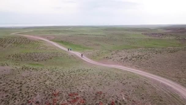 Skupina cyklistů jezdí na zelené stepi. — Stock video