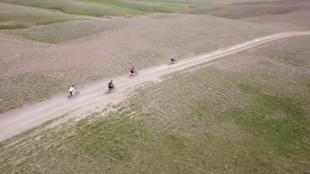 Un grupo de ciclistas pasea por los molinos de viento. — Vídeos de Stock