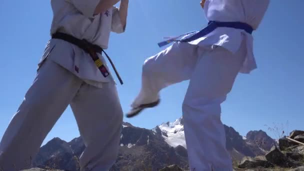 Dağlarda kimonolu iki adam arasında bir kavga. — Stok video